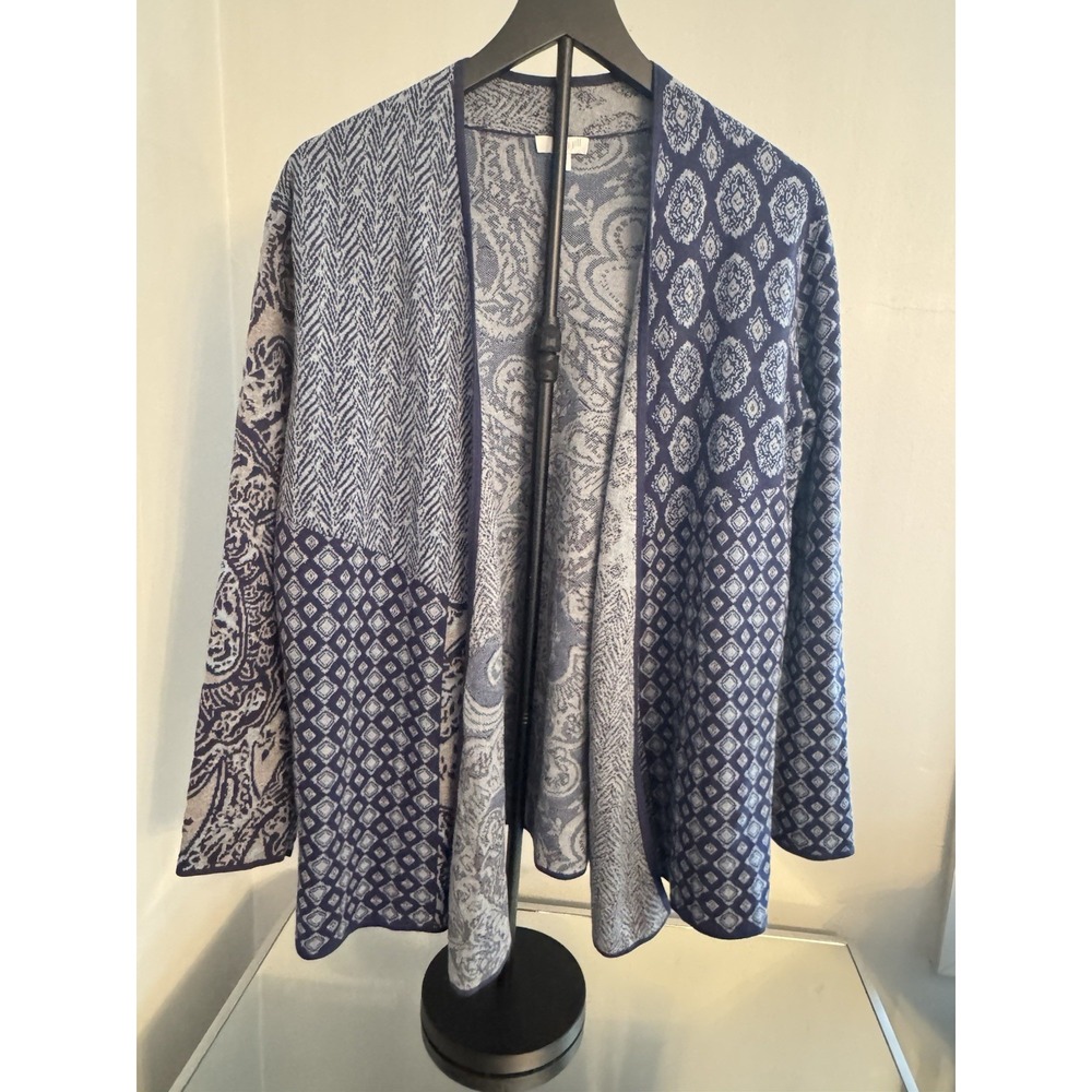 J. Jill Boho Mixed Print‎ Open Cardigan Blue Paisley Geometric Cotton Jacket M